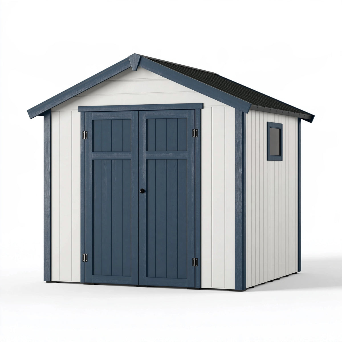 Abri de jardin 191 x 111 x 198 cm en résine bleu foncé et blanc à double porte