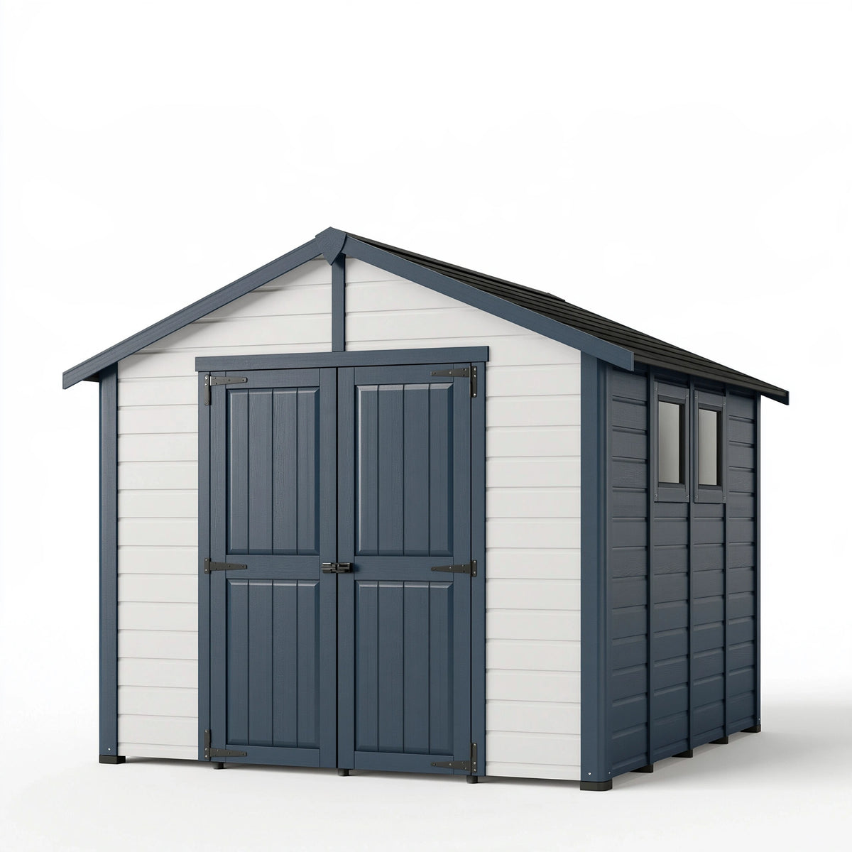 Abri de jardin 238 x 191 x 227 cm en plastique bleu foncé et blanc - double porte avec fenêtres