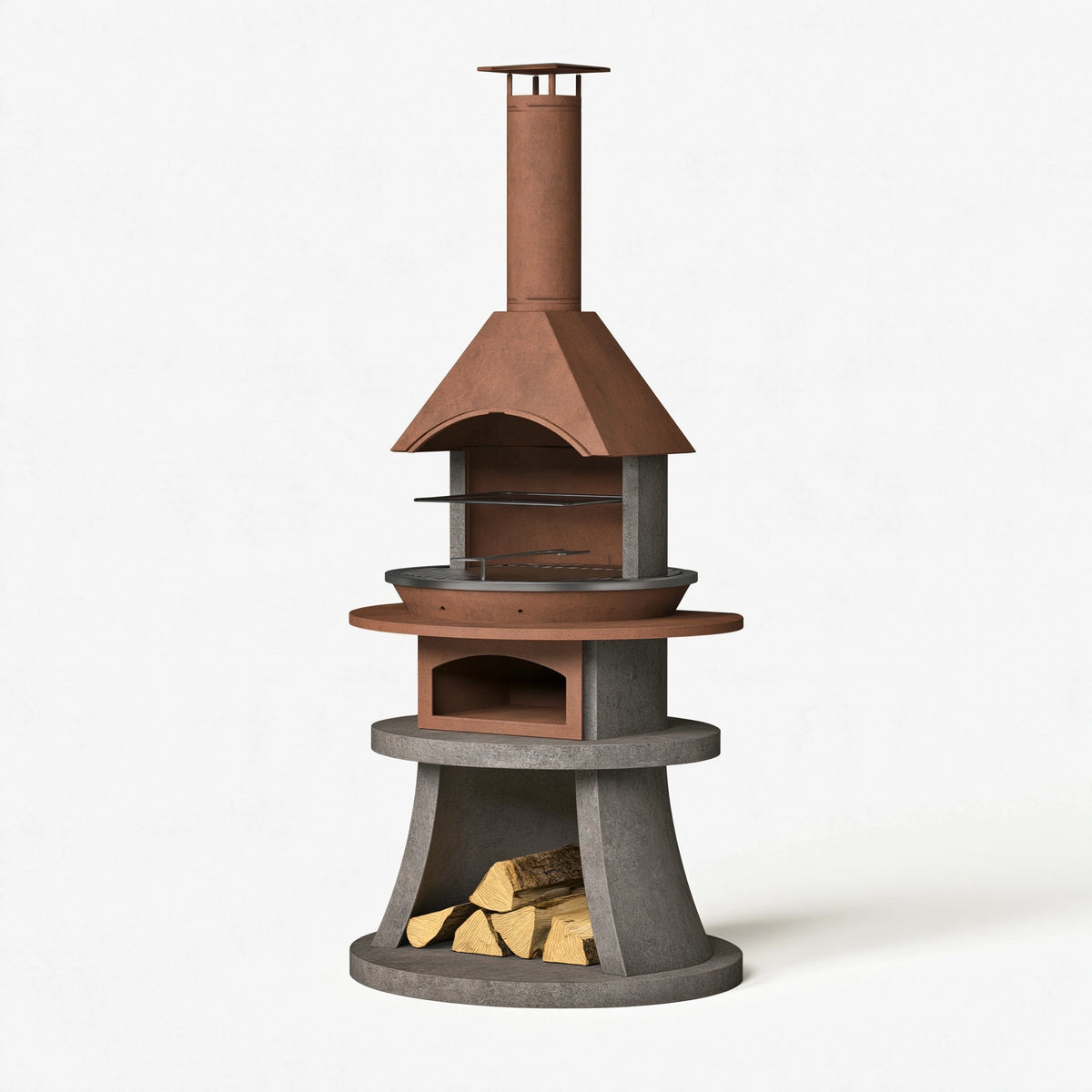 Barbecue cheminée extérieur 80 x 220 cm en acier brun/gris à bois style industriel avec gril