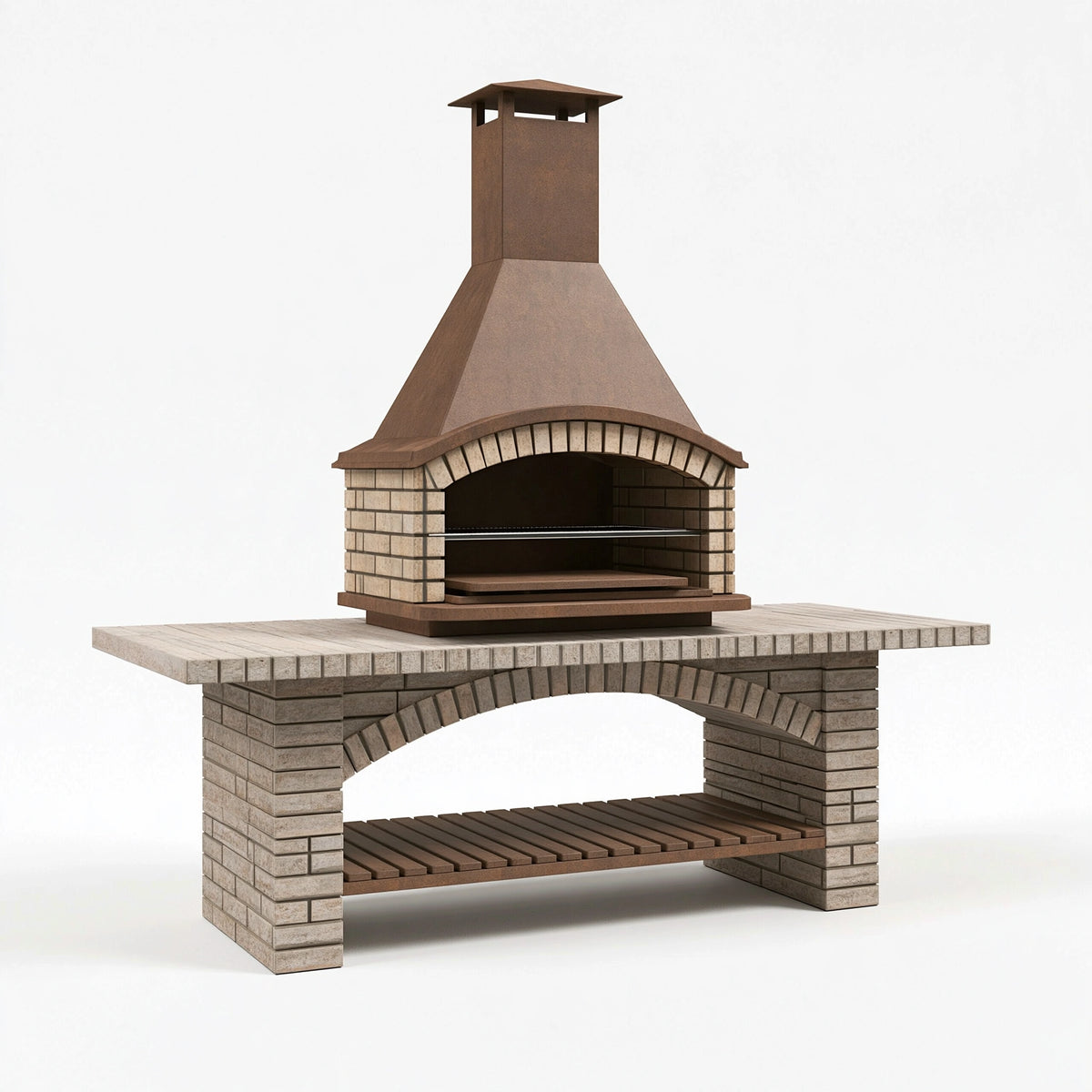 Barbecue de jardin 180 x 90 x 240 cm en briques beige et métal brun avec hotte style rustique