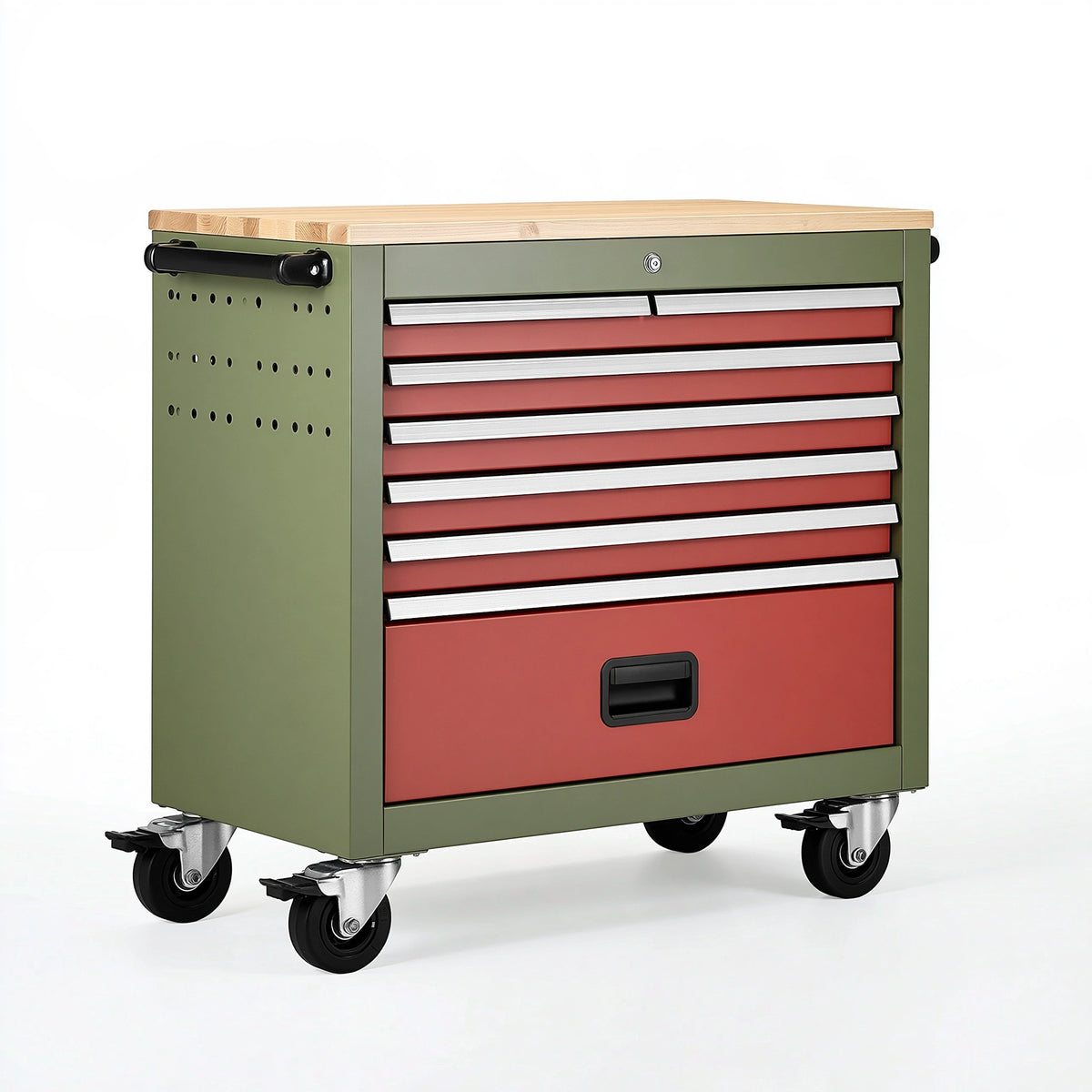 Servante d'atelier 90 x 50 x 100 cm en acier vert rouge avec plateau en bois à roulettes