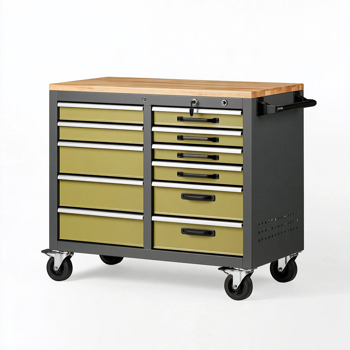 Servante d'atelier 100 x 50 x 90 cm acier et bois vert olive avec 10 tiroirs verrouillables