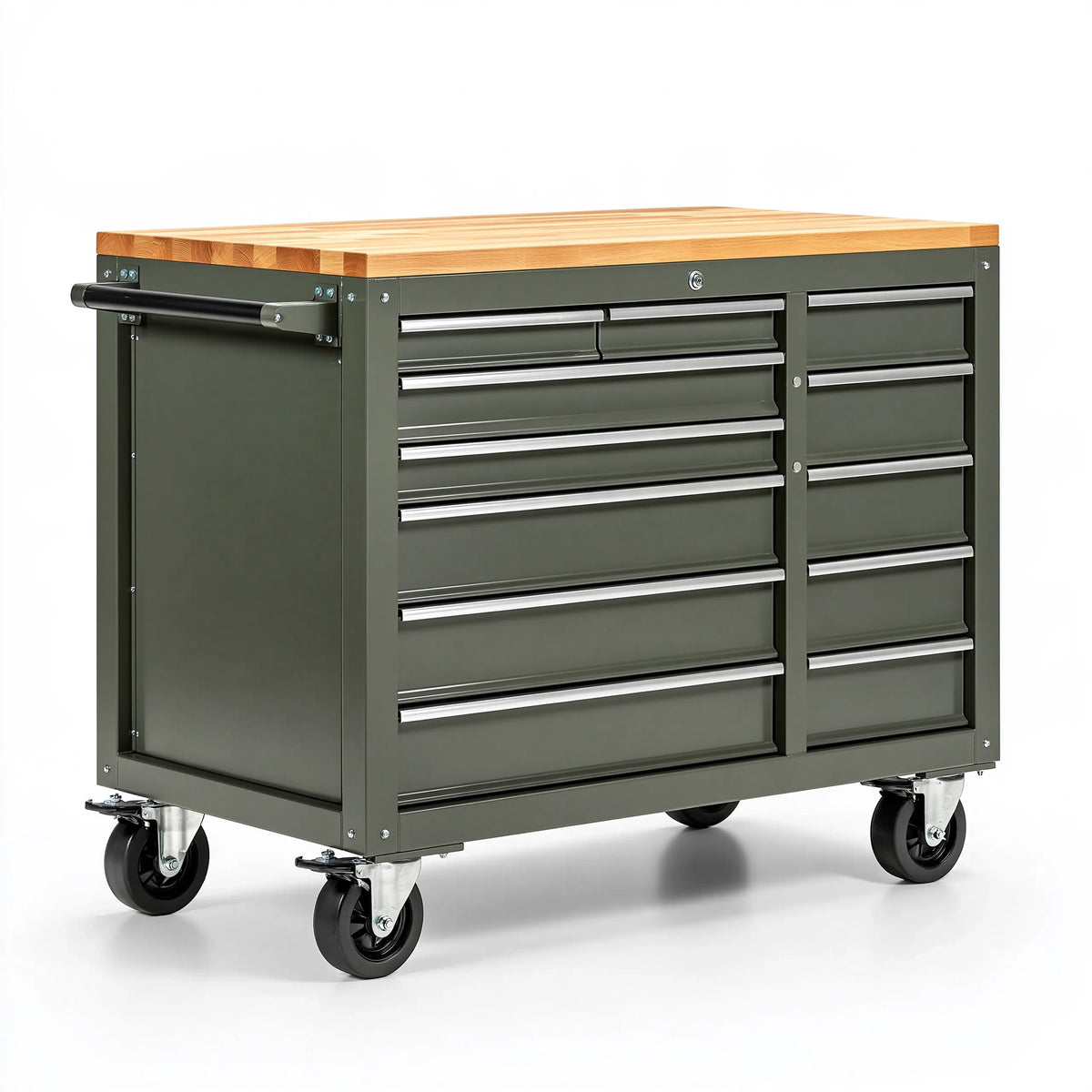 Établi mobile 120 x 60 x 90 cm en acier vert avec plateau en bois et tiroirs pour atelier