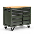 Servante d'atelier 100 x 50 x 95 cm en acier vert avec plateau en bois et roulettes