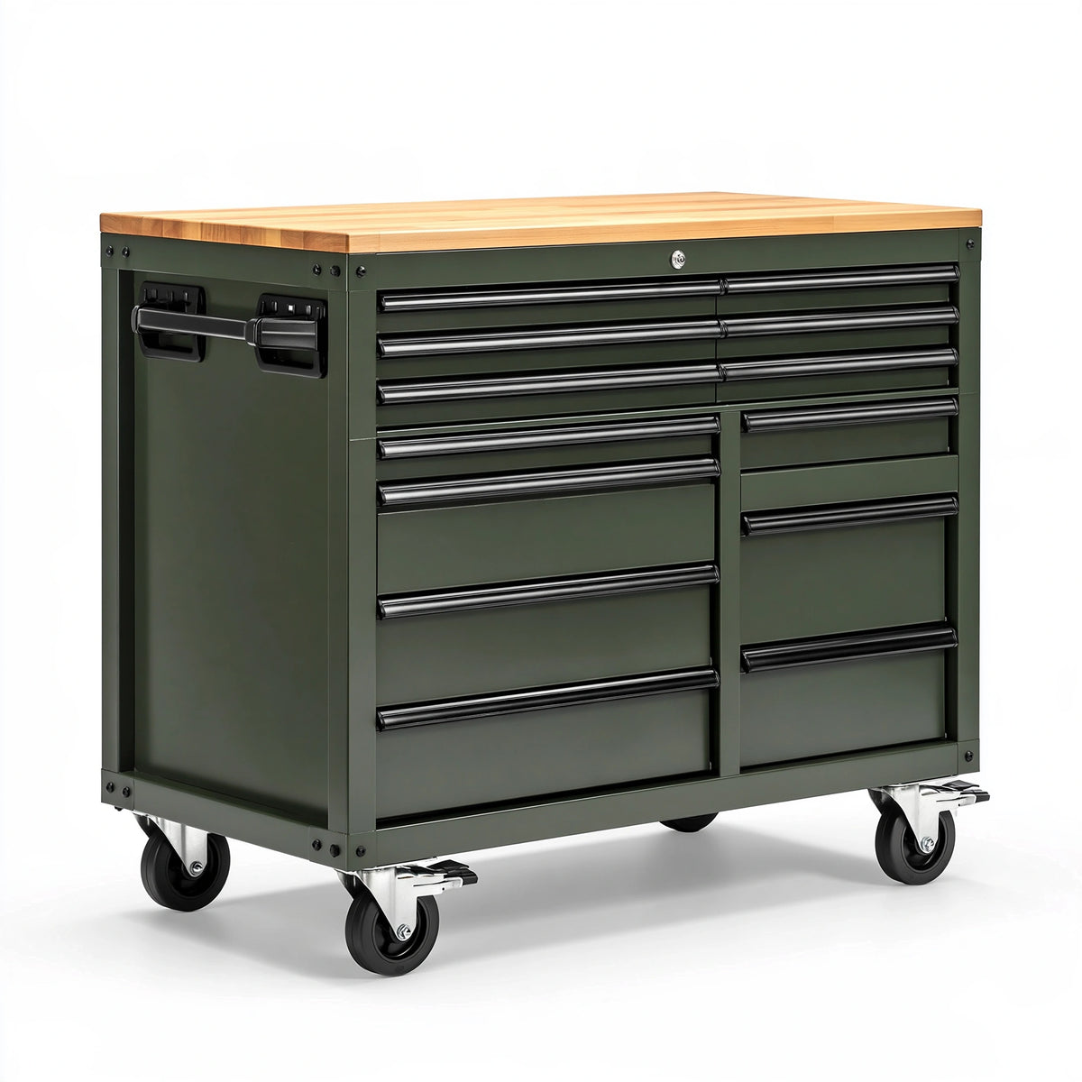 Servante d'atelier 100 x 50 x 95 cm en acier vert avec plateau en bois et roulettes