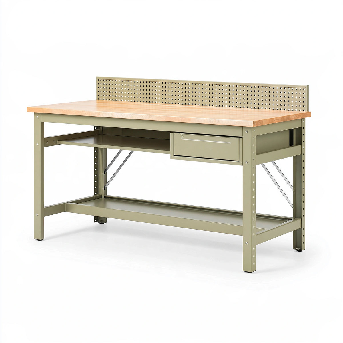 Établi d atelier 152 x 61 x 107 cm en bois et métal vert avec tiroir panneau perforé