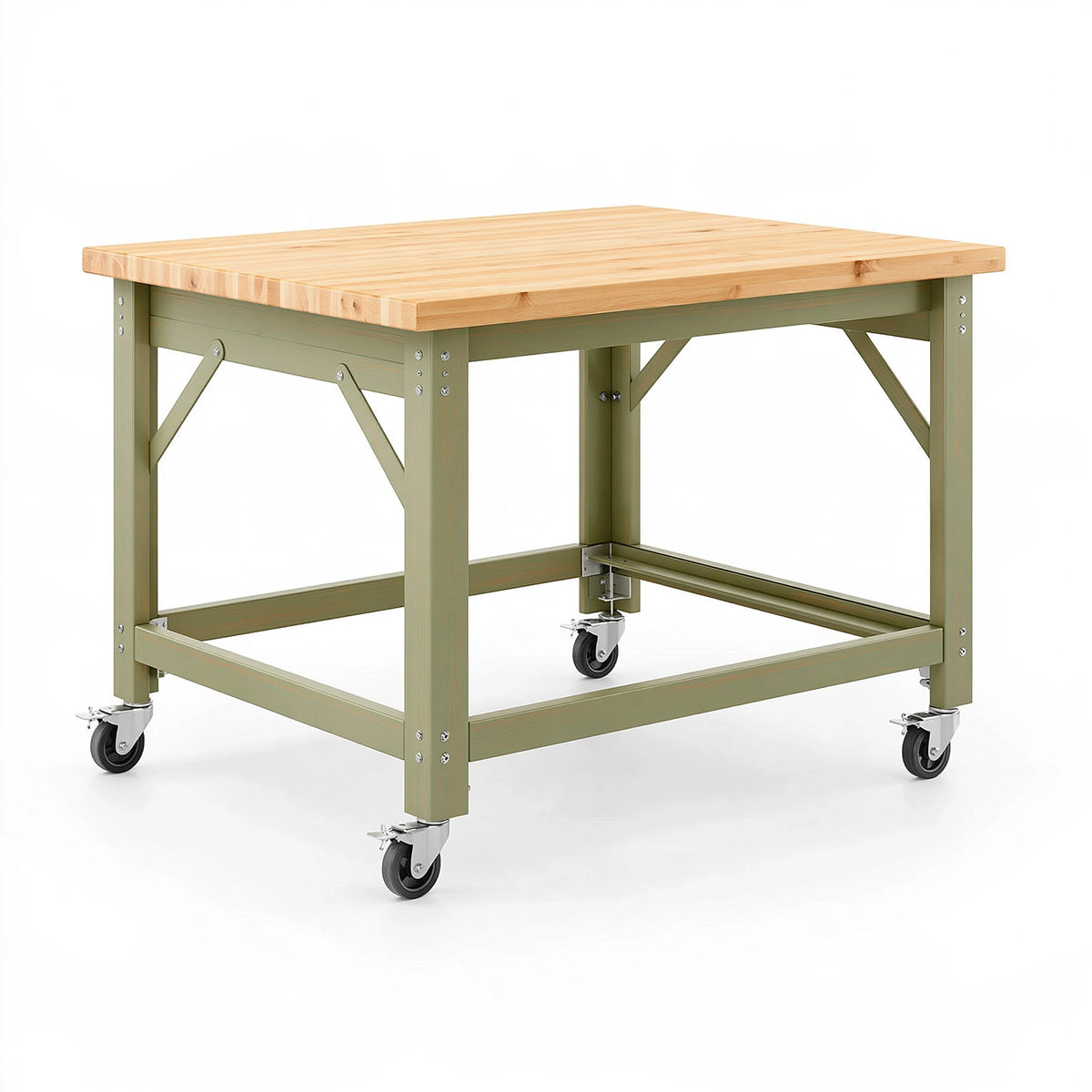 Établi mobile 122 x 61 x 91 cm plateau en bois naturel structure en acier vert style industriel