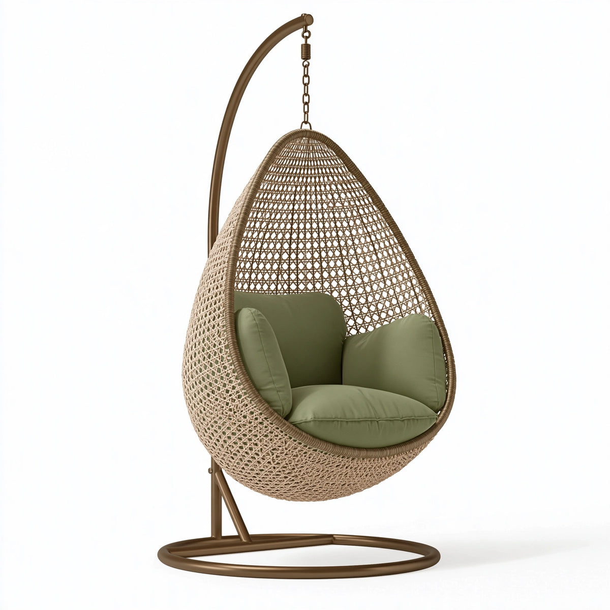 Fauteuil suspendu 105 x 105 x 195 cm en résine tressée marron et vert avec support style bohème