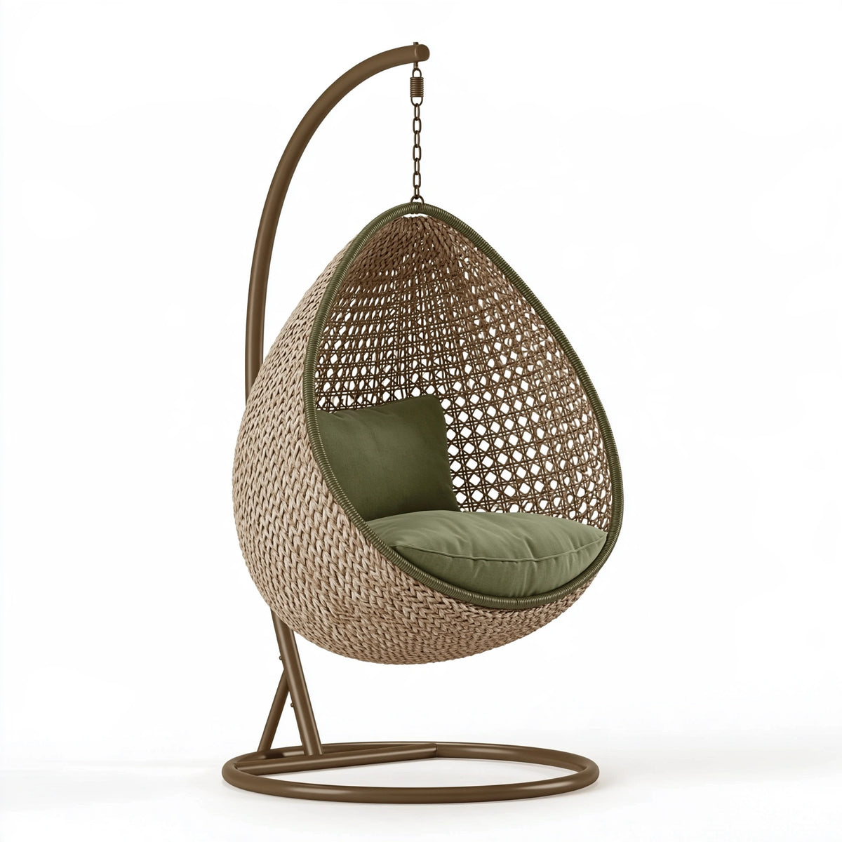 Fauteuil suspendu 105 x 105 x 195 cm en fibre tressée marron et acier avec support