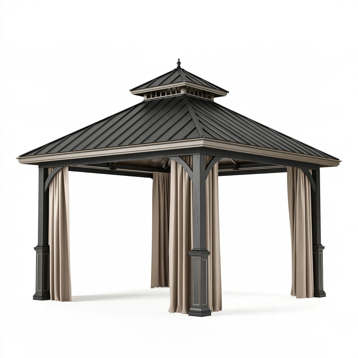 Pavillon de jardin 300 x 300 x 300 cm en métal anthracite avec rideaux beige style classique