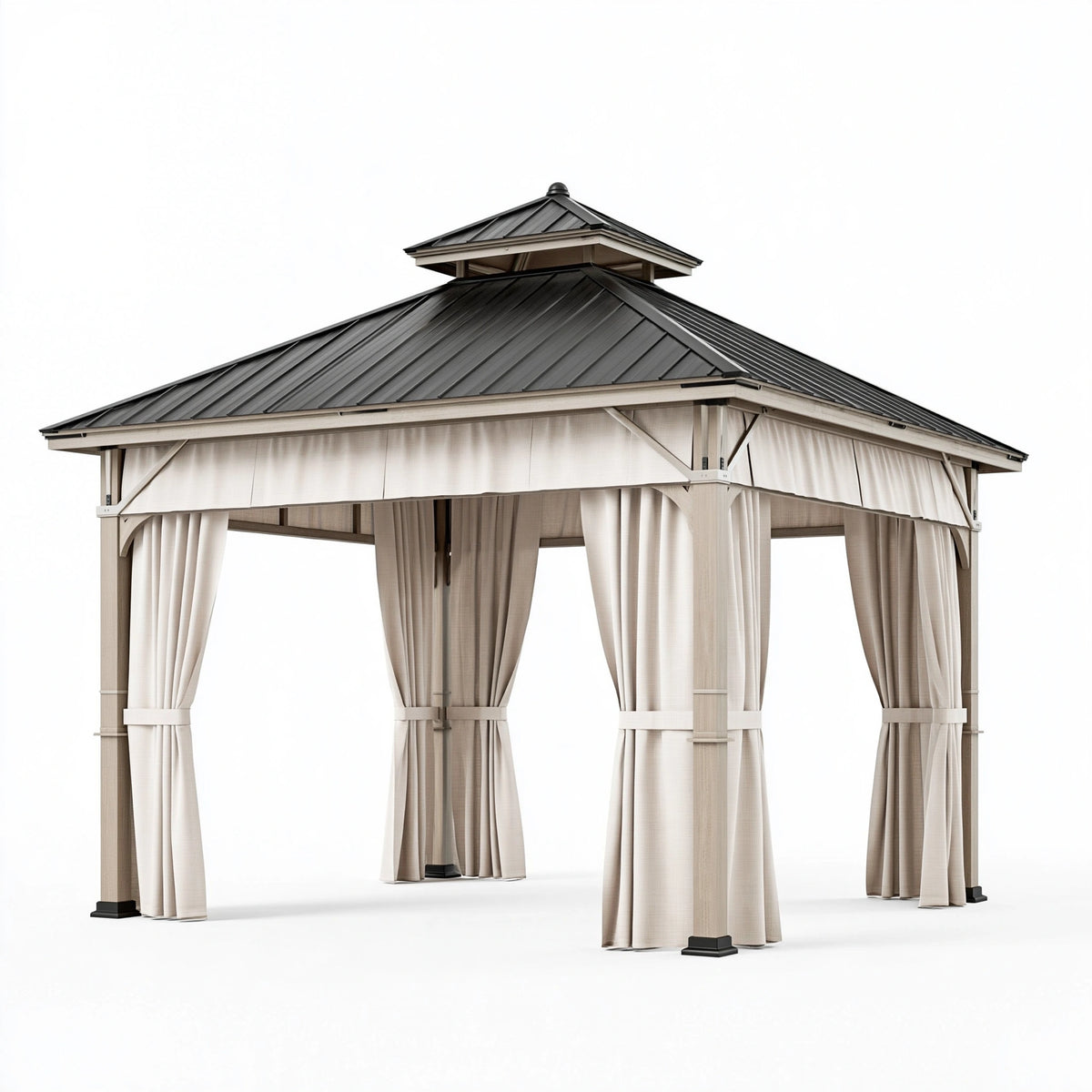 Tonnelle de jardin 360 x 360 x 320 cm structure métallique beige avec rideaux et toit pyramidal