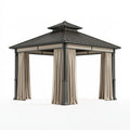 Tonnelle de jardin 300 x 300 x 300 cm en acier noir avec rideaux beiges toit ventilé