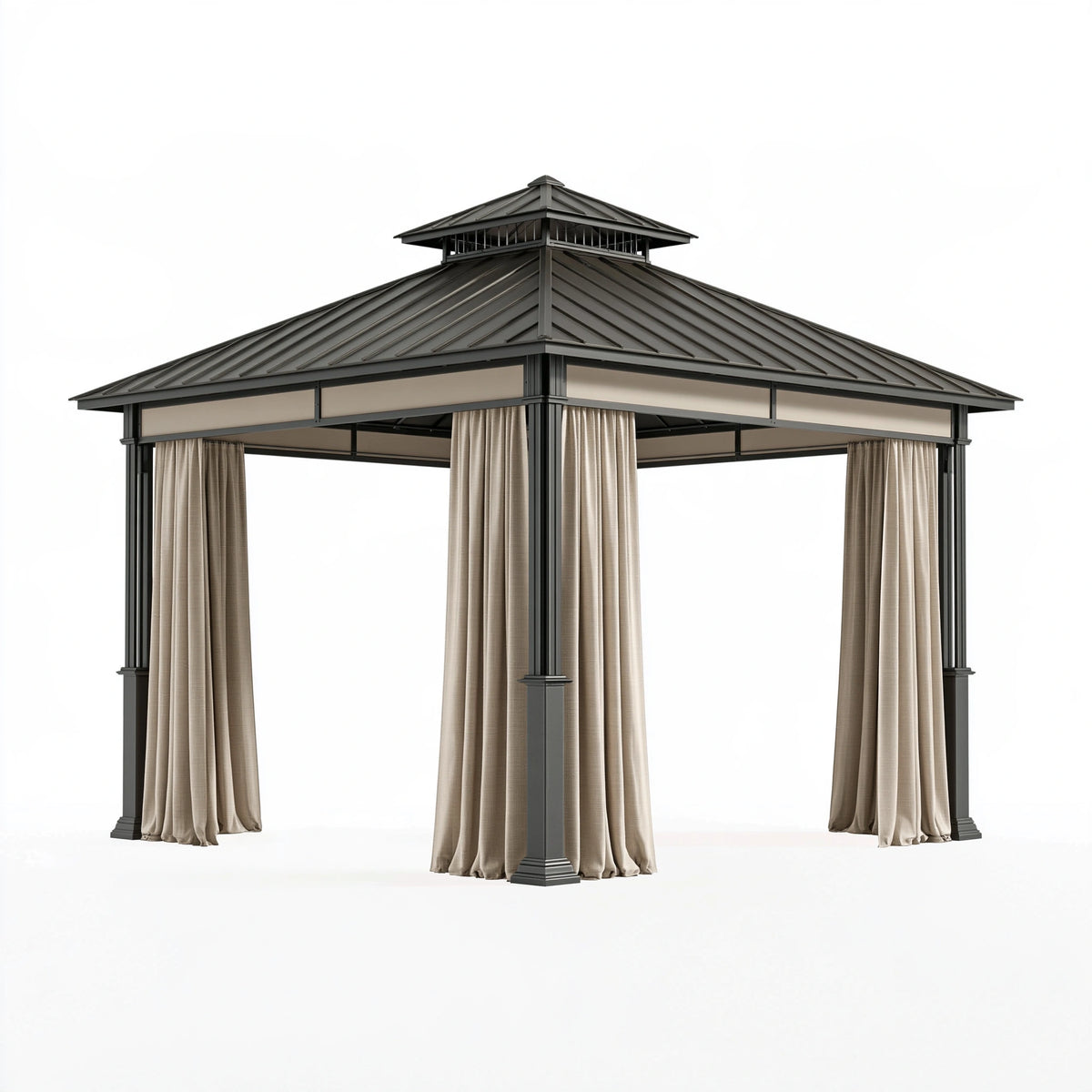 Tonnelle de jardin 300 x 300 x 300 cm en acier noir avec rideaux beiges toit ventilé