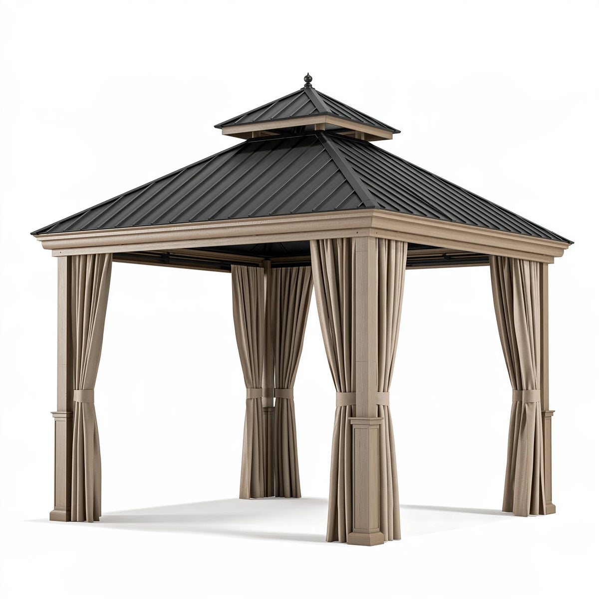 Tonnelle de jardin 300 x 300 cm structure aspect bois toit métallique noir avec rideaux beiges
