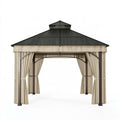 Tonnelle de jardin 300 x 300 x 300 cm en acier noir et polyester beige avec double toit et rideaux