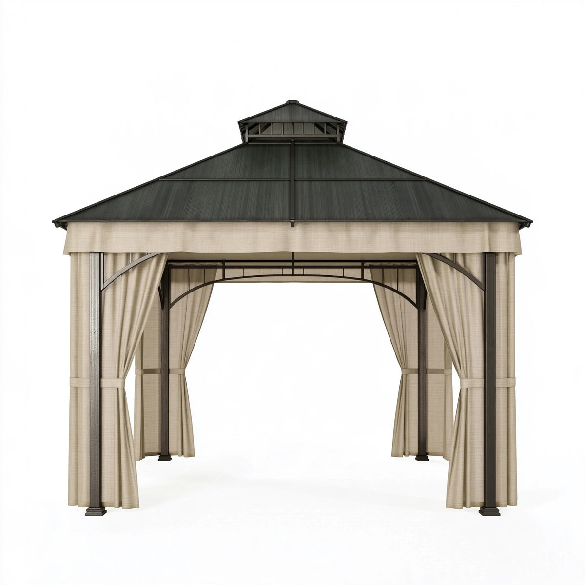 Tonnelle de jardin 300 x 300 x 300 cm en acier noir et polyester beige avec double toit et rideaux