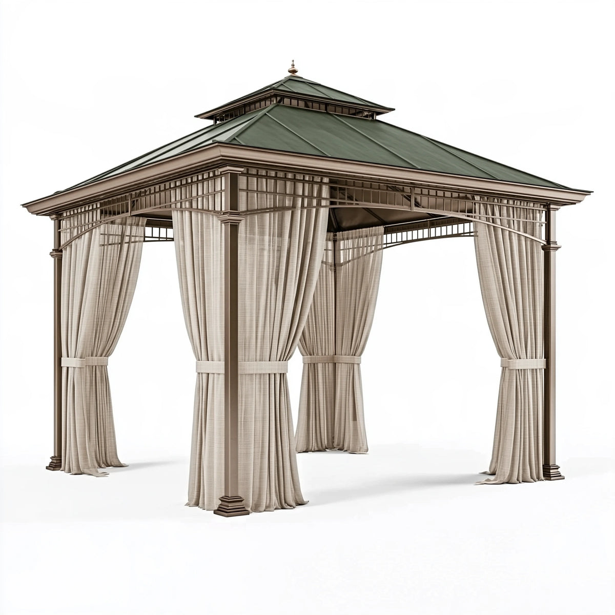 Tonnelle de jardin 300 x 300 x 320 cm en acier marron vert avec rideaux style classique