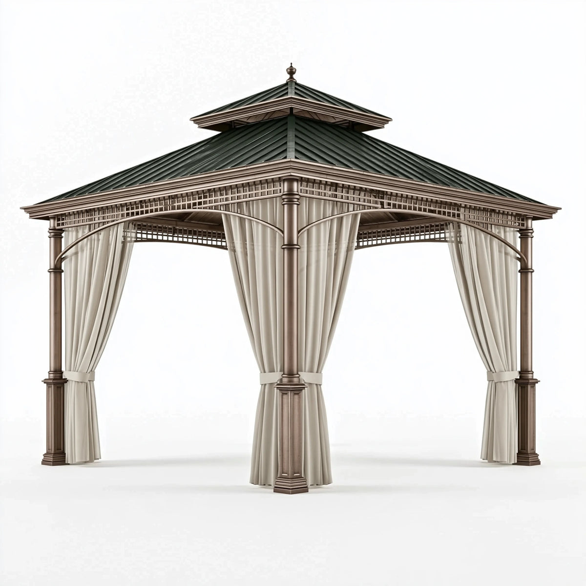Tonnelle de jardin 300 x 300 x 300 cm en métal brun avec rideaux style classique