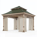 Tonnelle de jardin 400 x 400 cm en bois beige avec toit vert et rideaux - abri extérieur classique