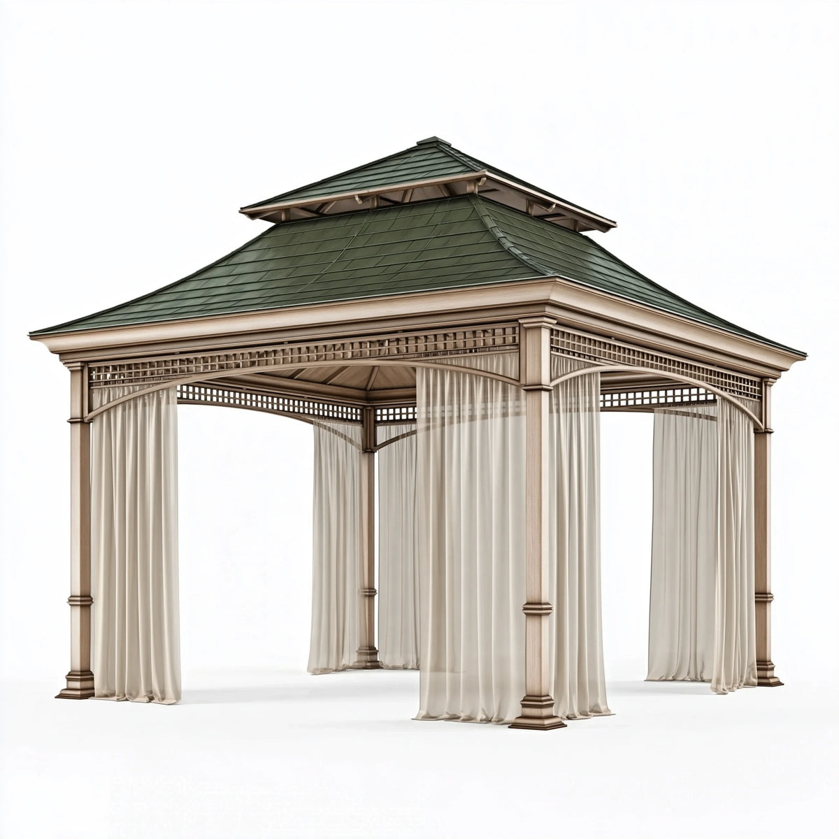 Tonnelle de jardin 400 x 400 cm en bois beige avec toit vert et rideaux - abri extérieur classique