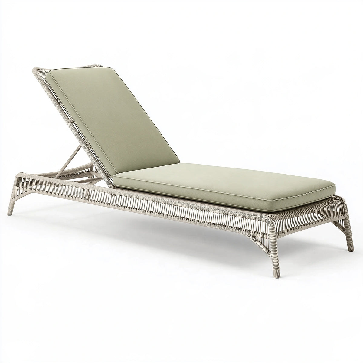Chaise longue 200 x 70 cm tressée beige avec coussins vert sauge - extérieur réglable