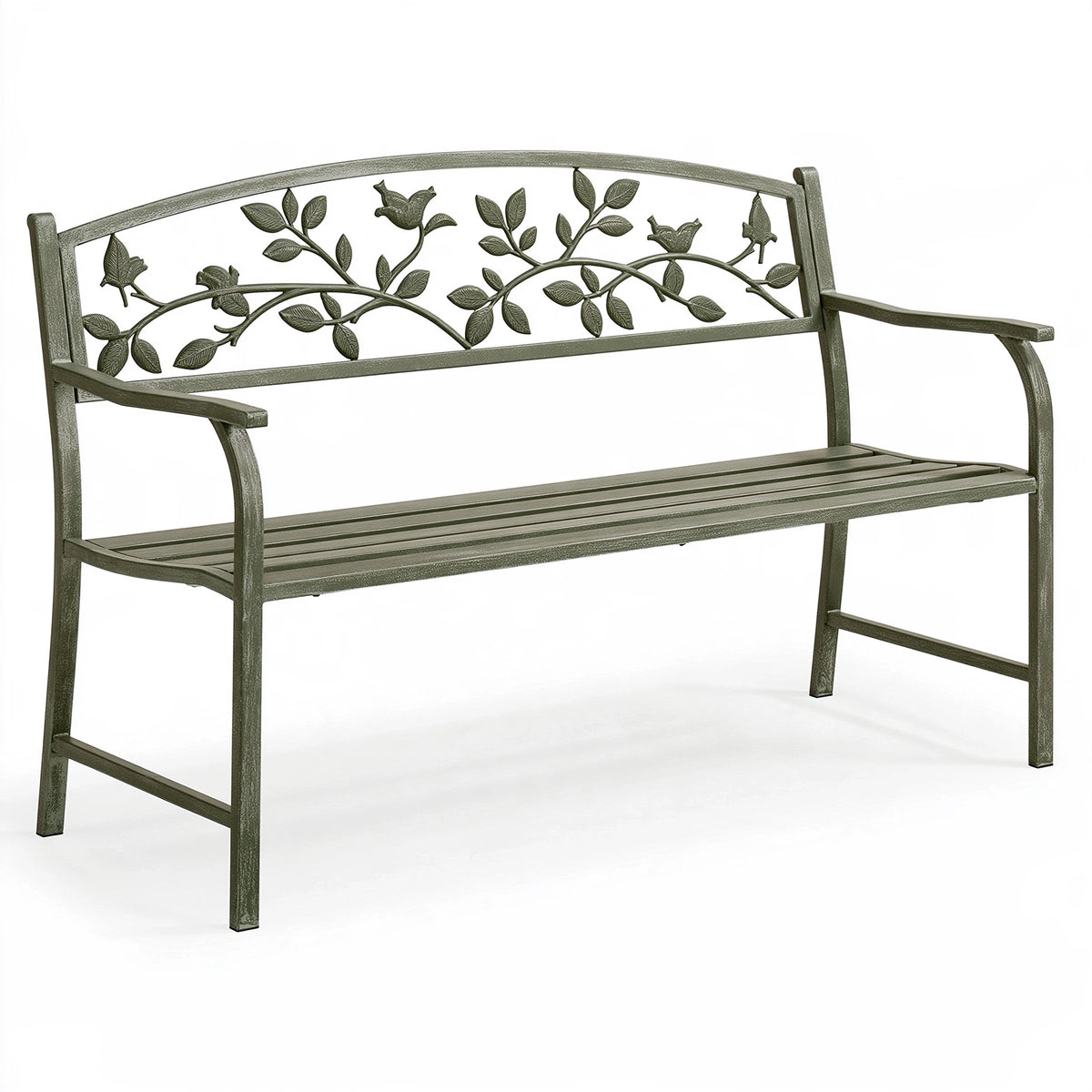 Banc de jardin 127 x 61 x 91 cm en métal vert style floral avec accoudoirs
