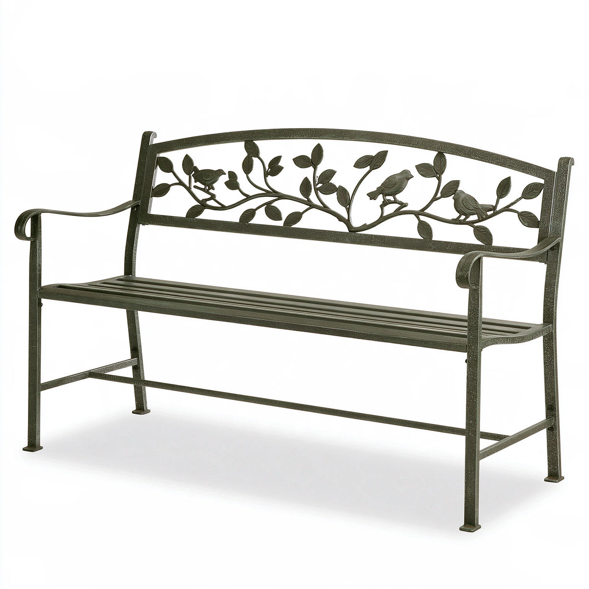 Banc de jardin 125 x 60 x 90 cm en métal vert foncé décor oiseaux style romantique