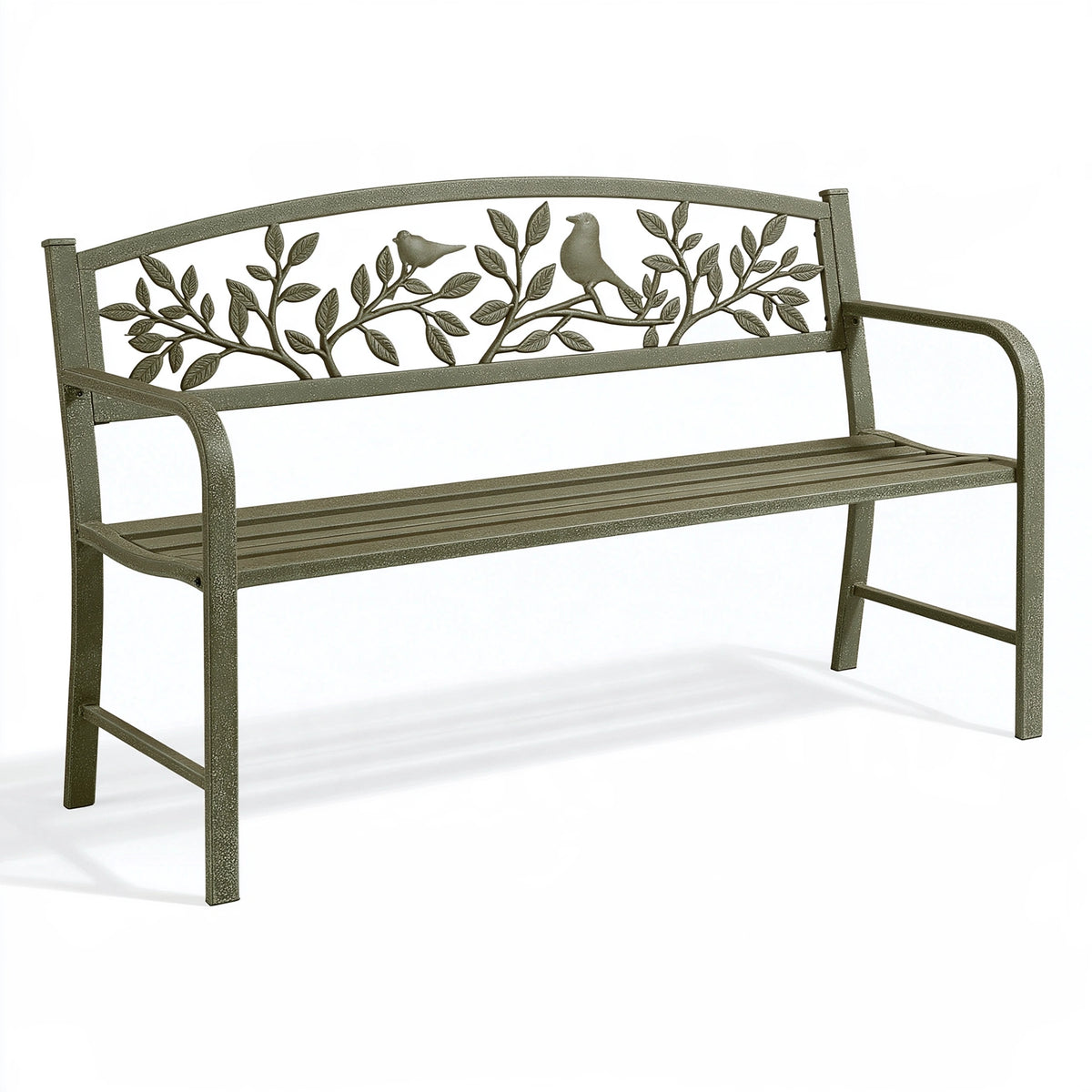 Banc de jardin 127 x 61 x 89 cm en métal vert olive à motif oiseaux