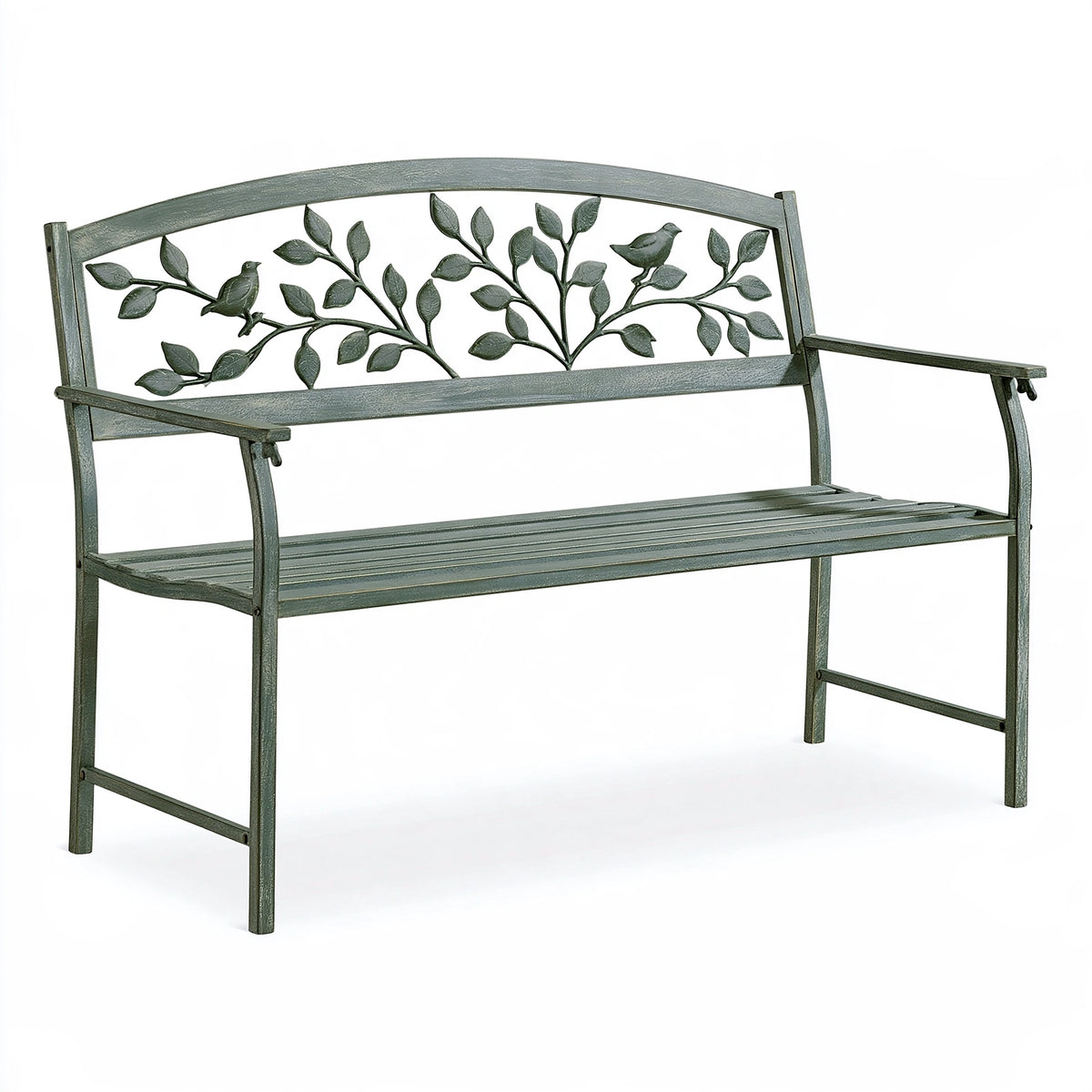 Banc de jardin 122 x 55 x 94 cm en métal vert style romantique décor feuillage