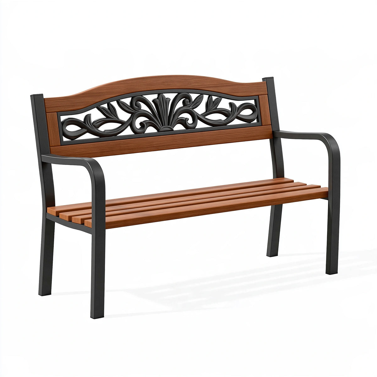 Banc de jardin 122 x 62 x 90 cm bois et métal marron noir décor végétal